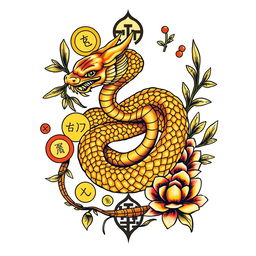 A striking tattoo design featuring a golden snake intricately entwined with Feng Shui symbols