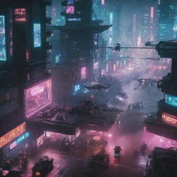 An intense scene of a cyberpunk war, with high-tech armies engaged in battle amidst a neon-lit cityscape, complete with advanced weaponry, mechanized units, and hovering drones