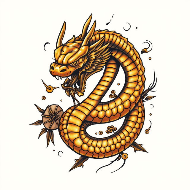 An edgy tattoo design featuring a fierce-looking golden snake, rendered with sharp details and an intimidating expression