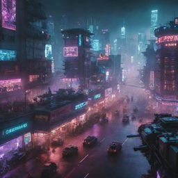 An intense scene of a cyberpunk war, with high-tech armies engaged in battle amidst a neon-lit cityscape, complete with advanced weaponry, mechanized units, and hovering drones