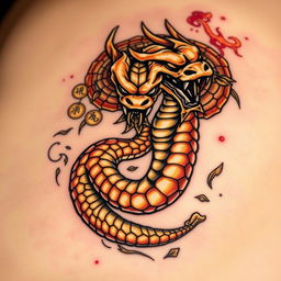 An edgy tattoo design featuring a fierce-looking golden snake, rendered with sharp details and an intimidating expression