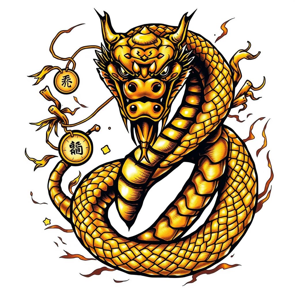 An edgy tattoo design featuring a fierce-looking golden snake, rendered with sharp details and an intimidating expression