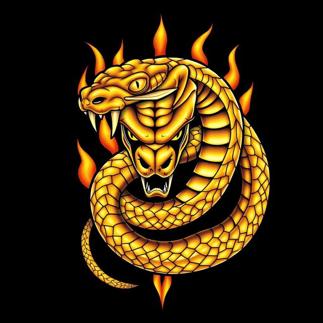 A striking tattoo design featuring a menacing golden snake, skillfully depicted with fierce eyes and sharp details that emphasize its aggressive demeanor