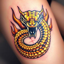 A striking tattoo design featuring a menacing golden snake, skillfully depicted with fierce eyes and sharp details that emphasize its aggressive demeanor