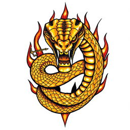 A striking tattoo design featuring a menacing golden snake, skillfully depicted with fierce eyes and sharp details that emphasize its aggressive demeanor