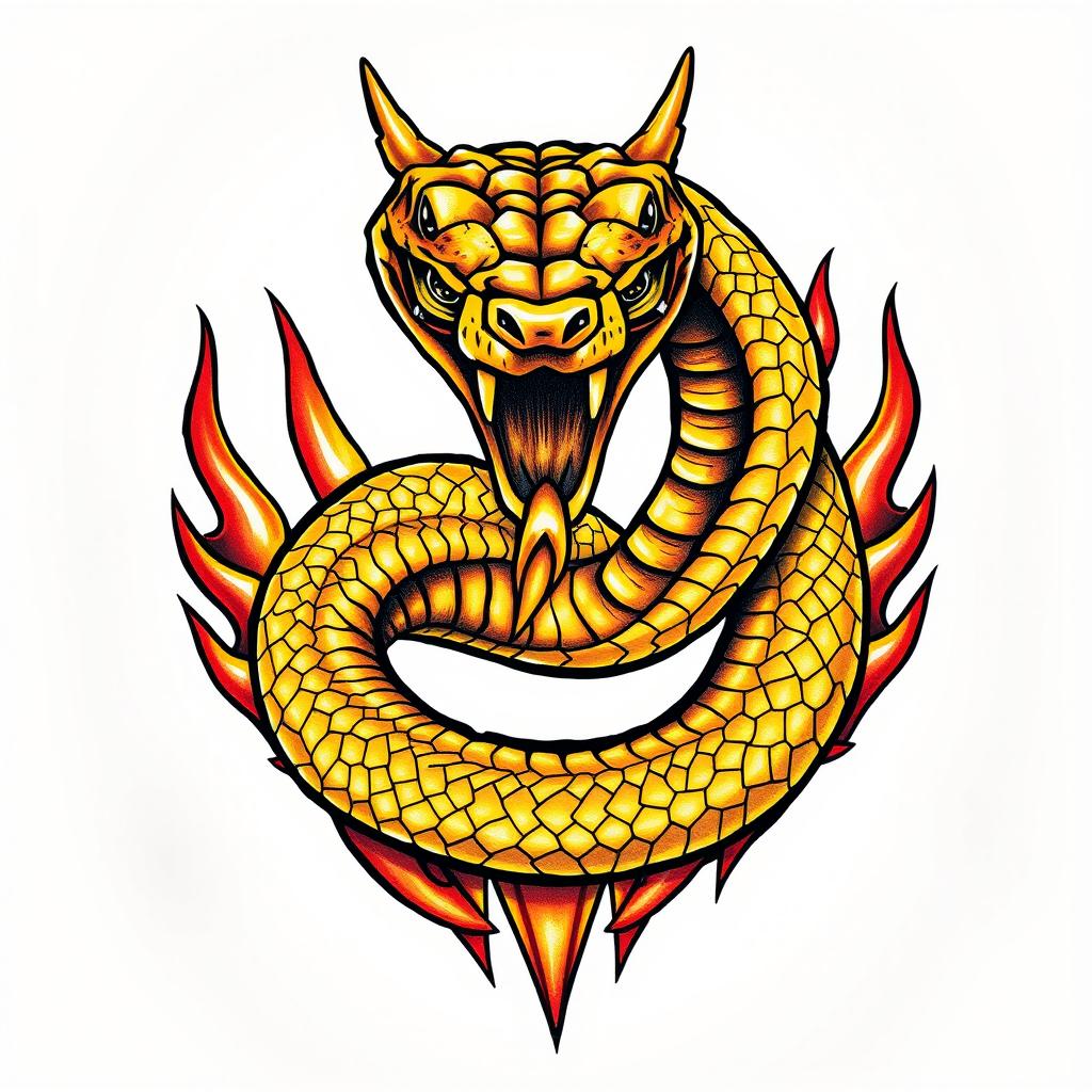 A striking tattoo design featuring a menacing golden snake, skillfully depicted with fierce eyes and sharp details that emphasize its aggressive demeanor