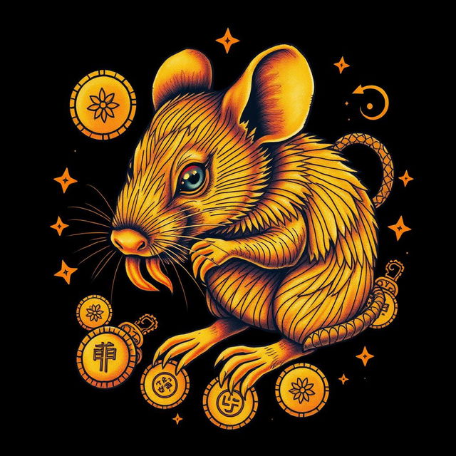 A detailed tattoo design featuring a striking golden rat, depicted with intricate patterns and textures that highlight its fur and features