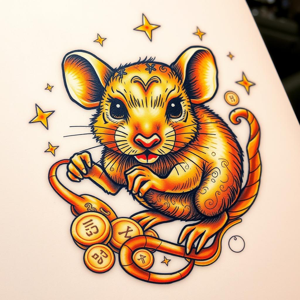 A detailed tattoo design featuring a striking golden rat, depicted with intricate patterns and textures that highlight its fur and features