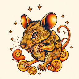 A detailed tattoo design featuring a striking golden rat, depicted with intricate patterns and textures that highlight its fur and features