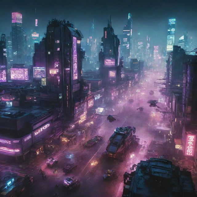 An intense scene of a cyberpunk war, with high-tech armies engaged in battle amidst a neon-lit cityscape, complete with advanced weaponry, mechanized units, and hovering drones