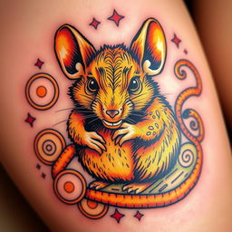 A detailed tattoo design featuring a striking golden rat, depicted with intricate patterns and textures that highlight its fur and features