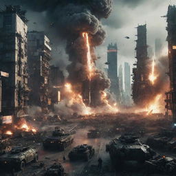 An overwhelming cyberpunk war scene during a massive explosion; advanced technological armies, futuristic artillery fire, and illuminated cityscape being ripped apart by high-tech warfare