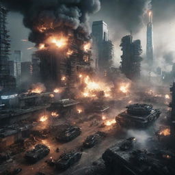 An overwhelming cyberpunk war scene during a massive explosion; advanced technological armies, futuristic artillery fire, and illuminated cityscape being ripped apart by high-tech warfare