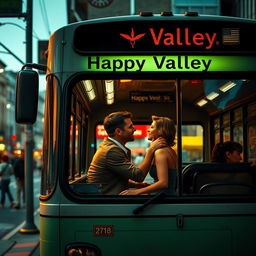 A visually striking scene depicting a regular city bus at a bus stop, prominently labeled 'Happy Valley
