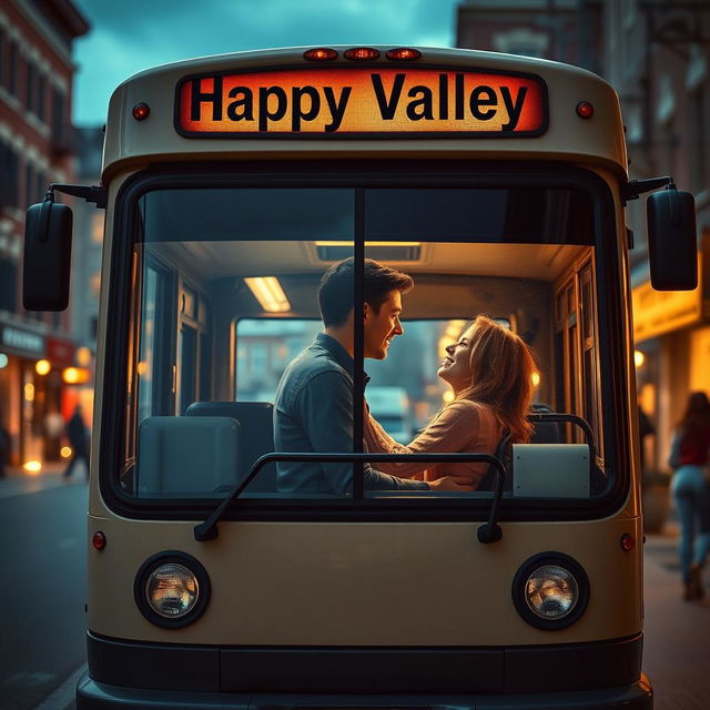 A visually striking scene depicting a regular city bus at a bus stop, prominently labeled 'Happy Valley