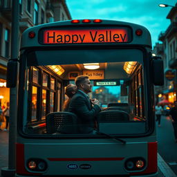 A visually striking scene depicting a regular city bus at a bus stop, prominently labeled 'Happy Valley