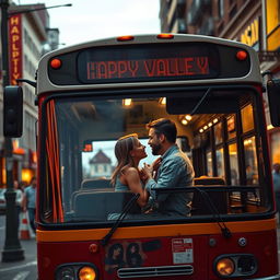 A visually striking scene depicting a regular city bus at a bus stop, prominently labeled 'Happy Valley