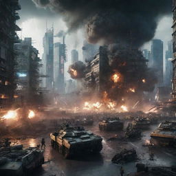 An overwhelming cyberpunk war scene during a massive explosion; advanced technological armies, futuristic artillery fire, and illuminated cityscape being ripped apart by high-tech warfare