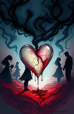 A surreal and emotional illustration representing the phrase 'Love hurts'