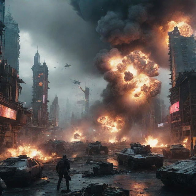 An overwhelming cyberpunk war scene during a massive explosion; advanced technological armies, futuristic artillery fire, and illuminated cityscape being ripped apart by high-tech warfare