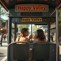 A vibrant scene depicting a regular city bus at an urban bus stop, clearly labeled with a sign that reads 'Happy Valley
