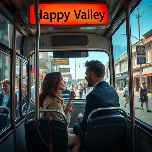 A vibrant scene depicting a regular city bus at an urban bus stop, clearly labeled with a sign that reads 'Happy Valley