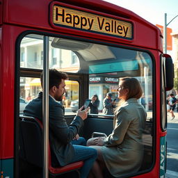 A vibrant scene depicting a regular city bus at an urban bus stop, clearly labeled with a sign that reads 'Happy Valley