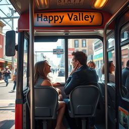 A vibrant scene depicting a regular city bus at an urban bus stop, clearly labeled with a sign that reads 'Happy Valley