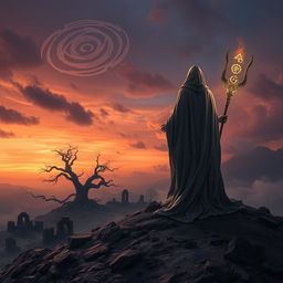 A captivating scene inspired by the narrative of a mythical fable, featuring a mysterious figure draped in flowing, ash-colored robes, standing atop a hill overlooking a desolate yet beautiful landscape