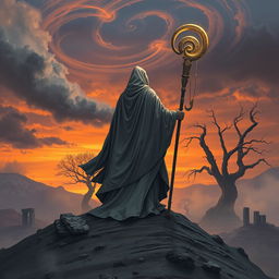A captivating scene inspired by the narrative of a mythical fable, featuring a mysterious figure draped in flowing, ash-colored robes, standing atop a hill overlooking a desolate yet beautiful landscape