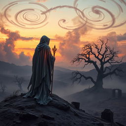 A captivating scene inspired by the narrative of a mythical fable, featuring a mysterious figure draped in flowing, ash-colored robes, standing atop a hill overlooking a desolate yet beautiful landscape