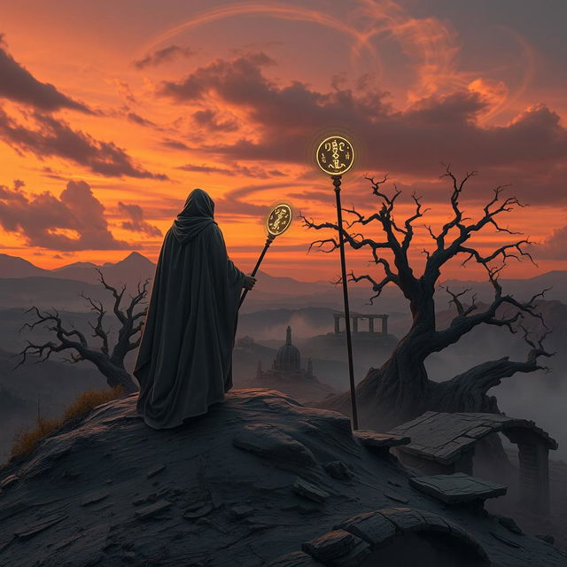 A captivating scene inspired by the narrative of a mythical fable, featuring a mysterious figure draped in flowing, ash-colored robes, standing atop a hill overlooking a desolate yet beautiful landscape