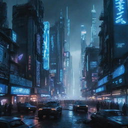 A grand-scale cyberpunk war during an enormous explosion coated with blue neon lights; technologically advanced armies engaged in battle amidst a dystopian cityscape suffused with electric blue