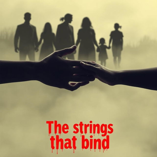 A conceptual art piece inspired by Koketso Modisakeng's "The strings that bind", featuring silhouetted families in the background, symbolizing unity and connection