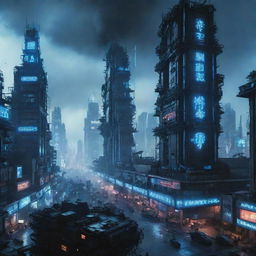 A grand-scale cyberpunk war during an enormous explosion coated with blue neon lights; technologically advanced armies engaged in battle amidst a dystopian cityscape suffused with electric blue