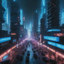 A grand-scale cyberpunk war during an enormous explosion coated with blue neon lights; technologically advanced armies engaged in battle amidst a dystopian cityscape suffused with electric blue