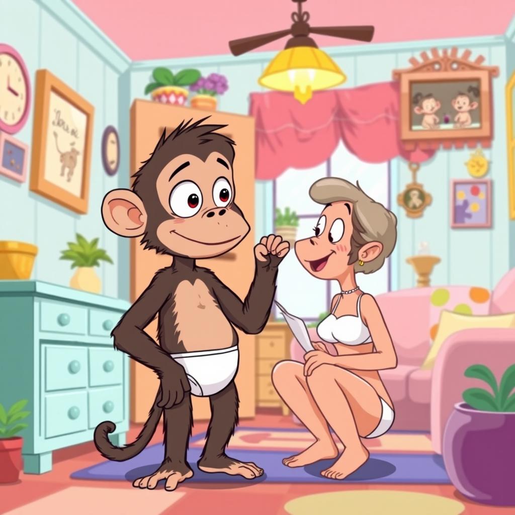 A whimsical cartoon illustration of Buster, an ape with a less hairy body, featuring big eyes on his head, a tiny skinny neck, and no tail, having a small ear