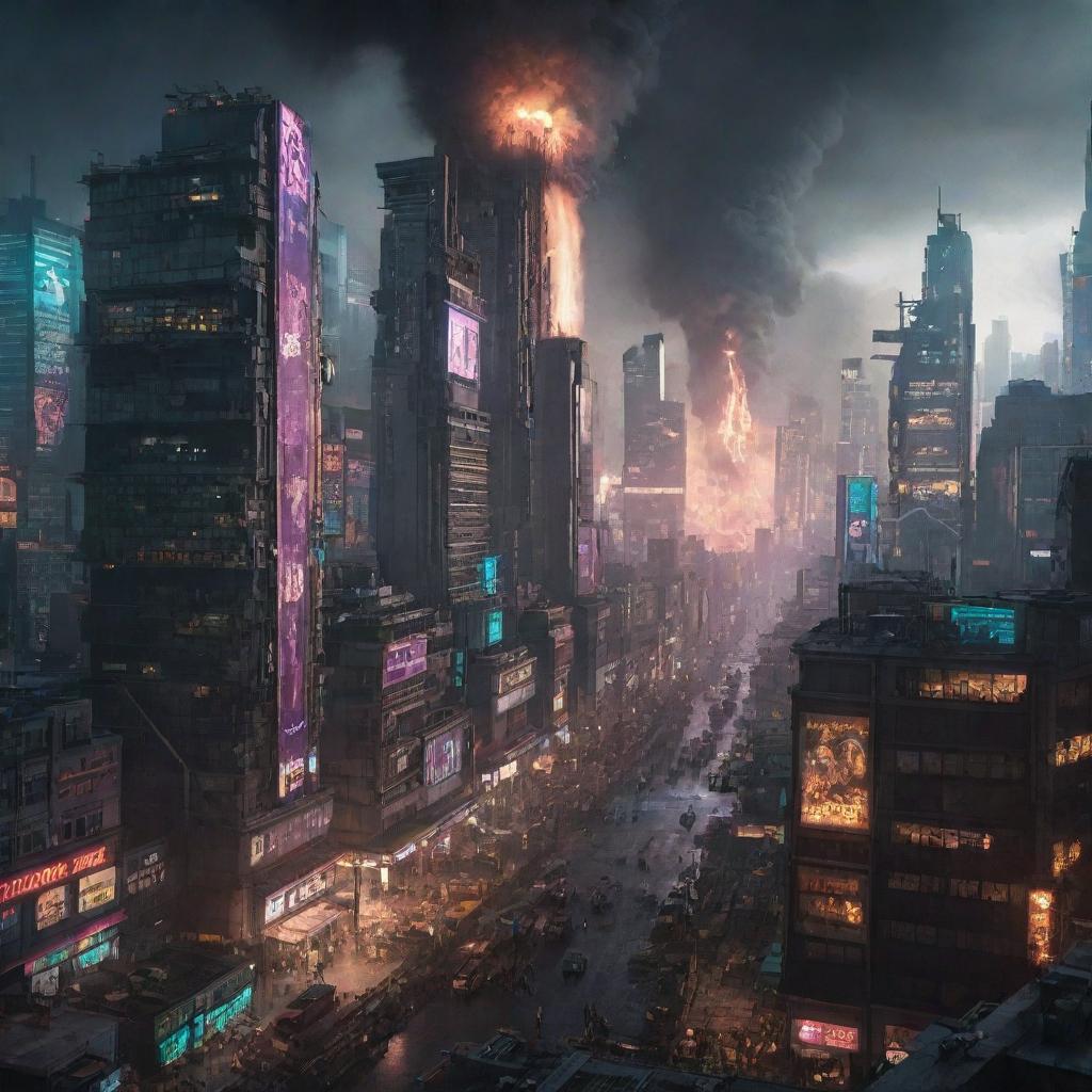 The epicenter of a massive cyberpunk war engulfing a sprawling metro city; a colossal explosion disrupts the neon-lit urban jungle, while advanced armies unleash havoc