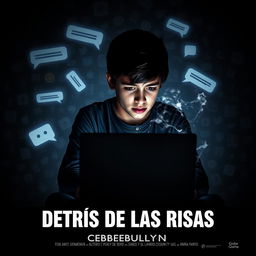 A dramatic and poignant movie poster for a film titled "DETRÁS DE LAS RISAS" showcasing the theme of cyberbullying