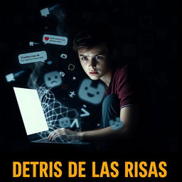 A dramatic and poignant movie poster for a film titled "DETRÁS DE LAS RISAS" showcasing the theme of cyberbullying