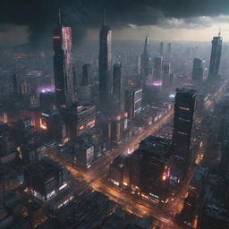 The epicenter of a massive cyberpunk war engulfing a sprawling metro city; a colossal explosion disrupts the neon-lit urban jungle, while advanced armies unleash havoc