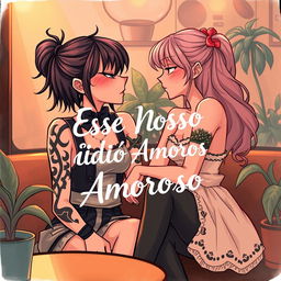 A romantic scene depicting a conflictual yet tender relationship between two girls, one with a rebellious look and a bad girl attitude, sporting tattoos and edgy clothing, and the other being sweet and innocent with a soft, pastel aesthetic, wearing a cute dress
