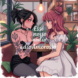 A romantic scene depicting a conflictual yet tender relationship between two girls, one with a rebellious look and a bad girl attitude, sporting tattoos and edgy clothing, and the other being sweet and innocent with a soft, pastel aesthetic, wearing a cute dress