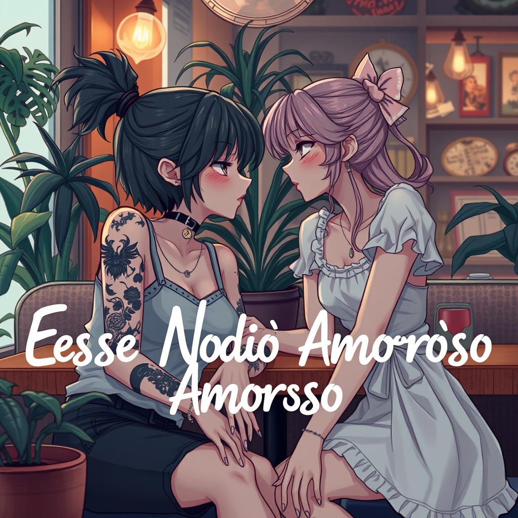 A romantic scene depicting a conflictual yet tender relationship between two girls, one with a rebellious look and a bad girl attitude, sporting tattoos and edgy clothing, and the other being sweet and innocent with a soft, pastel aesthetic, wearing a cute dress