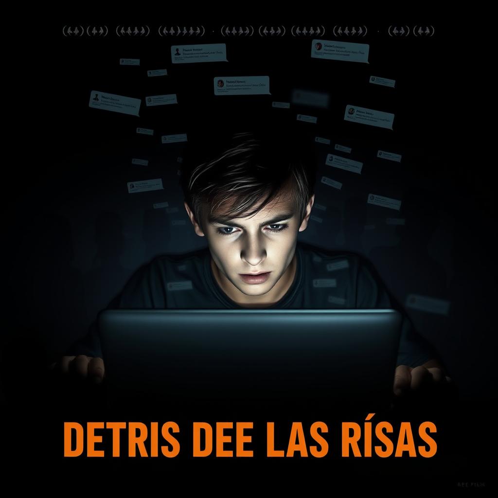 A gripping movie poster for a film titled "DETRÁS DE LAS RISAS" that explores the theme of cyberbullying