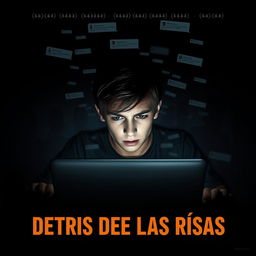 A gripping movie poster for a film titled "DETRÁS DE LAS RISAS" that explores the theme of cyberbullying