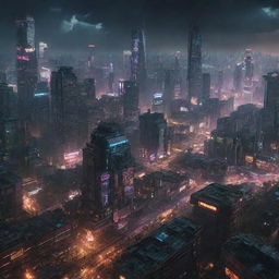 The epicenter of a massive cyberpunk war engulfing a sprawling metro city; a colossal explosion disrupts the neon-lit urban jungle, while advanced armies unleash havoc