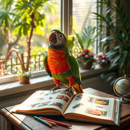 A colorful parrot sitting on a wooden desk, curiously peering at an open book filled with pictures of various fruits and insects