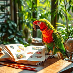 A colorful parrot sitting on a wooden desk, curiously peering at an open book filled with pictures of various fruits and insects