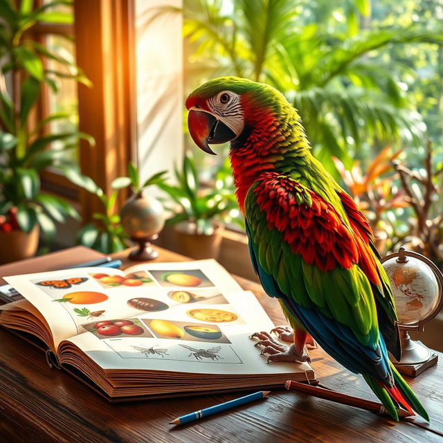 A colorful parrot sitting on a wooden desk, curiously peering at an open book filled with pictures of various fruits and insects